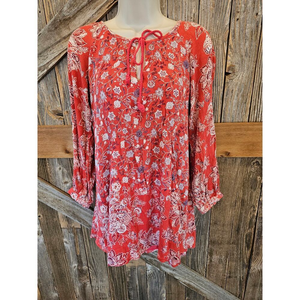 FREE PEOPLE Orange XS Floral Tunic Top Mini Dress oversized Cover Up lined EUC
